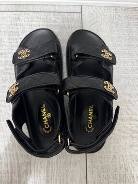 CHANEL Black Quilted Leather Velcro Sandals with Gold CC Accents Size 40